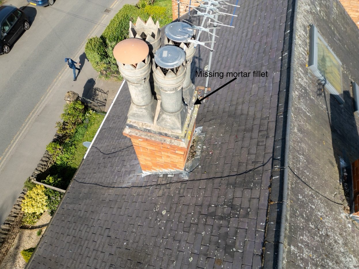 Drone survey image showing annotated roof defect - missing mortar fillet identified by Doherty Build