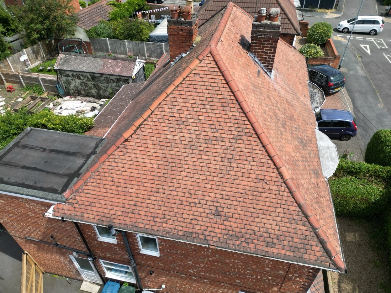 Drone aerial shot of hipped roof in Nottinghamshire surveyed by Doherty Build